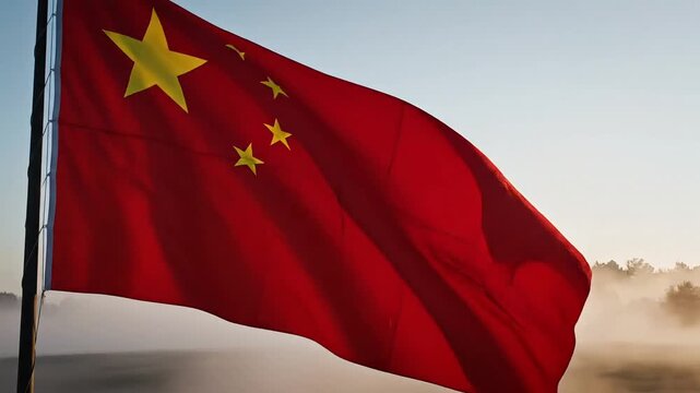 Waving red flag with yellow stars against a misty sunrise sky