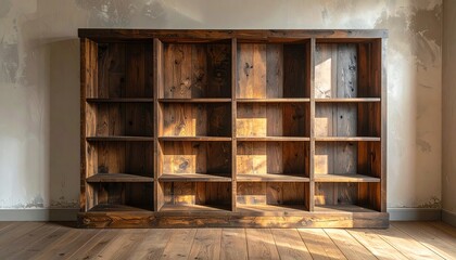 Obraz premium Rustic wood multi-shelf unit, empty, sunlit room, distressed wall