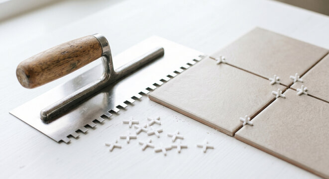 Tile installation tools with notched trowel and tile spacers as tile installation detail for home renovation surface work