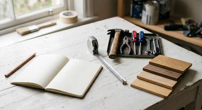 Notebook and pencil with wood samples and tool roll on a table as notebook renovation planning detail for home improvement work