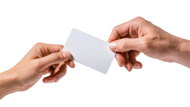 Isolated hands exchanging a blank rectangular plastic card, concept of giving or receiving.