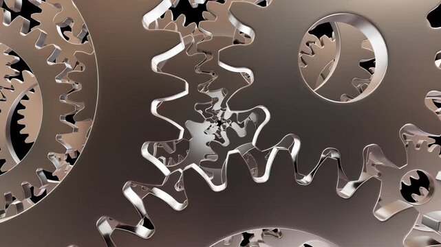 Endless Zoom though Gears turning and meshing.
3D rendered animation featuring a seamless, never-ending zoom through layers of interlocking metallic gears. 