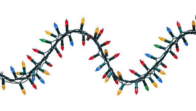 Isolated vibrant colorful Christmas string lights glowing brightly for festive decoration