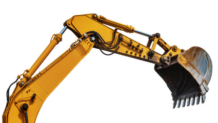 Isolated industrial heavy-duty yellow excavator arm with hydraulic cylinders and rusty digging bucket © Vincent