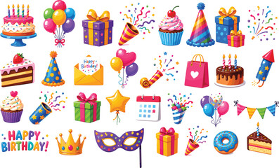 Fototapeta premium Colorful Birthday Party Vector Illustration Set Featuring Festive Cakes, Balloons, Gifts, Party Hats, Confetti, and Celebratory Decorations for Greeting Cards and Event Design Projects