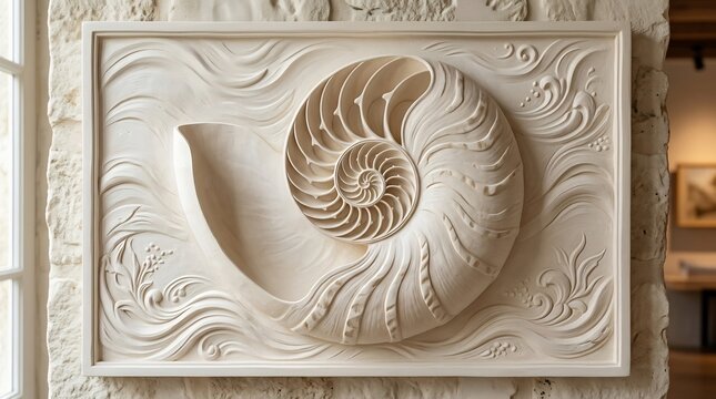 Intricate Nautilus Shell Carving on Textured Background.