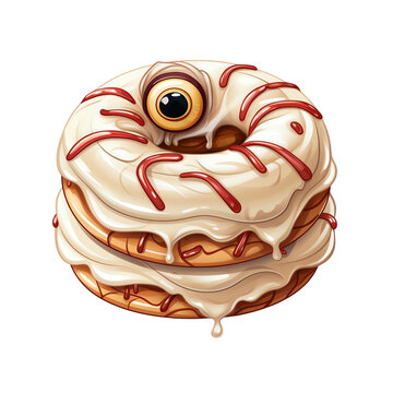 Spooky Halloween eyeball donut with white frosting and red bloody drizzle cartoon