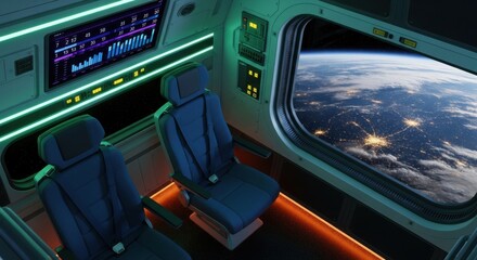 Fototapeta premium Futuristic Spaceship Cabin Interior with Seats Overlooking Earth for Commercial Space Tourism and Science Fiction Travel Concepts