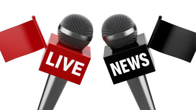 Isolated professional microphones with LIVE and NEWS flags for broadcast journalism.