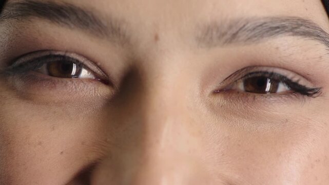 Optometry, funny face and eyes with examination, closeup or glaucoma screening for vision. Portrait, retina and woman with comic expression, eyesight assessment or visual tracking for ocular care.
