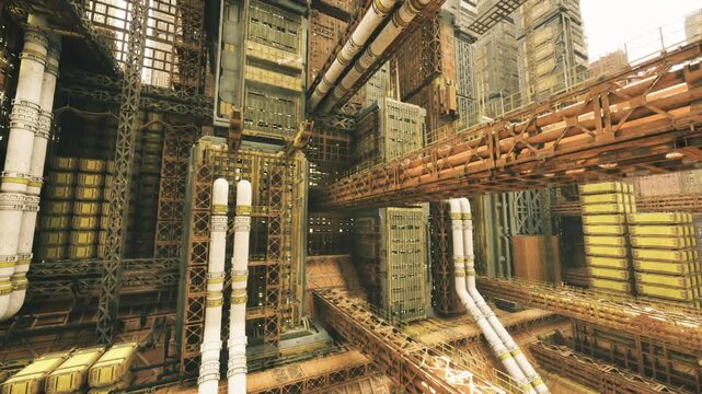 repeating service modules and sprawling pipe network, modular panels and connector nodes visible, sense of engineered repetition and textured patina.