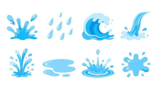 Blue water splash, drops, wave and puddle vector set