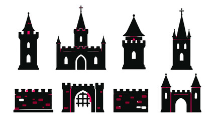 Set of black medieval castle towers walls and gates icons © Alan