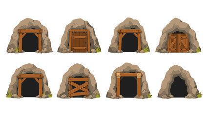 Set of cartoon cave and mine entrances with wooden doors © Alan