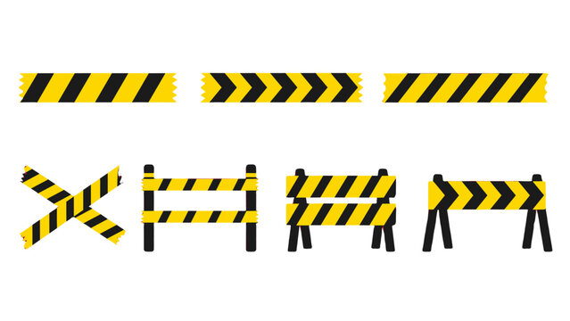 Set of black and yellow hazard tape and barricade signs