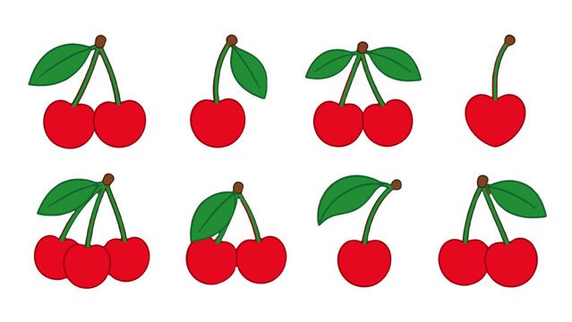 Set of simple red cherry icons with green leaves