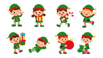 Fototapeta premium Cute Christmas elf characters set with gifts and decorations