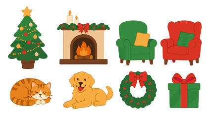 Obraz premium Christmas home decor and pets cartoon vector set