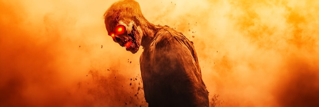 Spooky undead creature with glowing red eyes and decaying flesh rising from a cloud of orange smoke and dust, creating a dramatic and eerie scene