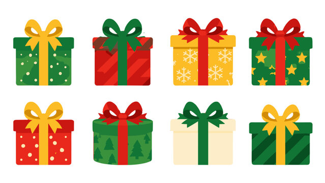 Set of colorful wrapped gift boxes with bows in flat vector style