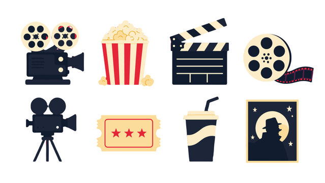 Cinema and movie icons set with popcorn camera and clapperboard