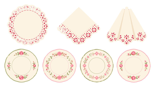 Vintage floral paper doilies, napkins, and decorative plates set