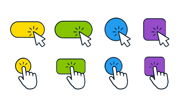 Colorful button click and tap icon set in simple vector style