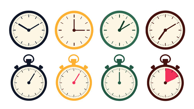 Set of colorful wall clocks and stopwatches in flat vector style