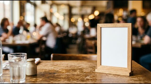 Blank Wooden Table Sign Mockup in Busy Restaurant Interior