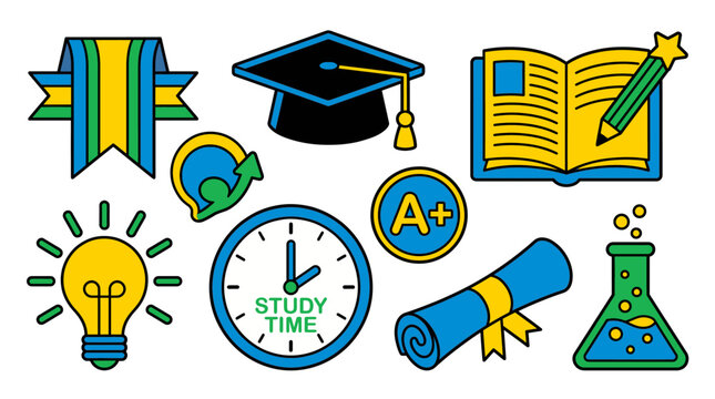 Academic study goals sticker set graduation cap book pencil lightbulb diploma grade vector