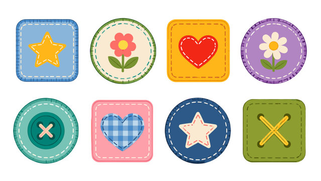 Set of colorful stitched fabric patch icons with hearts and flowers