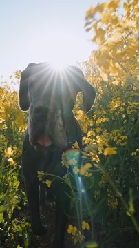 Black great dane dog silhouette standing blooming yellow canola field sunset golden hour sun flare bright sky profile view vertical orientation copy space video frame