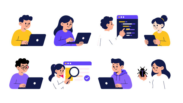 Set of people using laptops, tablet, code and bug icons