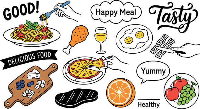 Collection of cute food doodles and lettering vector illustrations featuring pizza pasta steak fried chicken eggs fruits and typography badges.