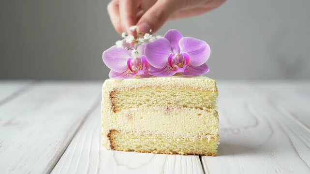 Slice of vanilla cream layer cake decorated with purple orchid flowers on white wooden table