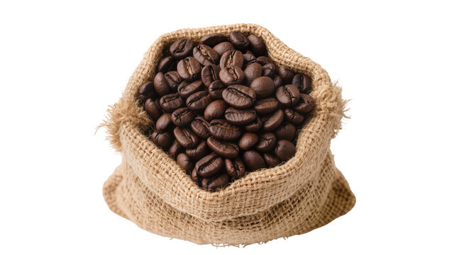 Isolated natural dark roasted coffee beans in a rustic burlap sack full of aromatic flavor