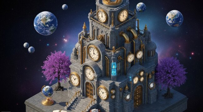 Steampunk Clock Tower Floating in Deep Space with Planets for Universal Time and Spacetime Dimension Concept