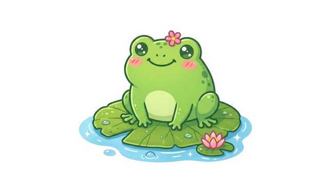 Cute cartoon frog sitting on lily pad in water with flowers