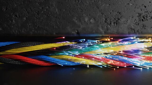 Multicolored fiber optic cable with glowing strands. Data transfer and telecommunication network infrastructure concept for high speed internet signal connection