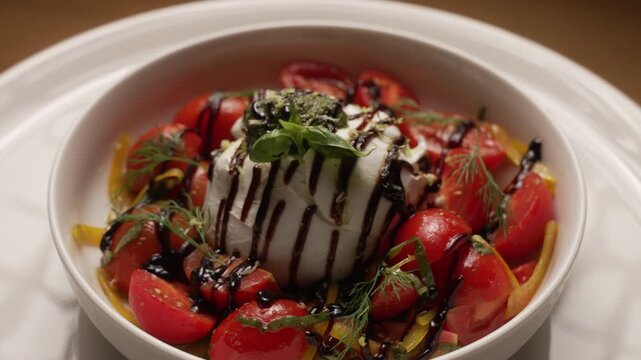 Appetizing Italian burrata cheese salad with cherry tomatoes, pesto, and balsamic vinegar, fa01