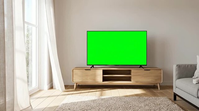 Spacious Modern Living Room With Green Screen TV Perfect For Video Overlay And Compositing Use In Stylish Home Interior