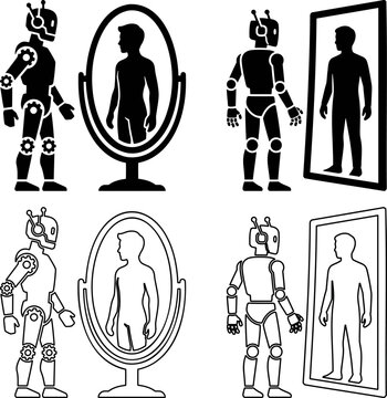 Human turning into robot in mirror reflection icon, artificial intelligence avatar and digital twin vector art