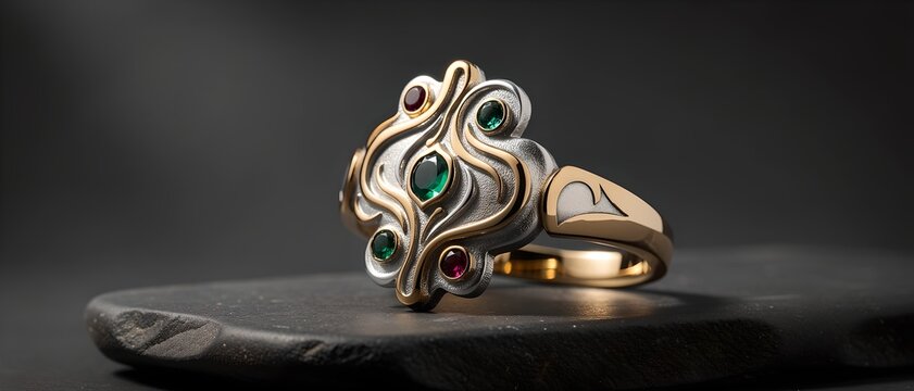 The Emerald Whisper: Art Nouveau Two-Tone Ring with Flowing Motifs and Gem Accents 