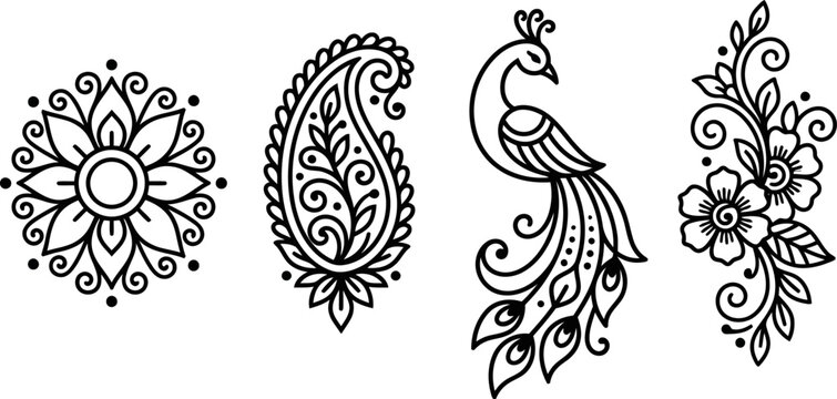 Collection of four distinct black and white hand drawn style icons including peacock and floral motifs