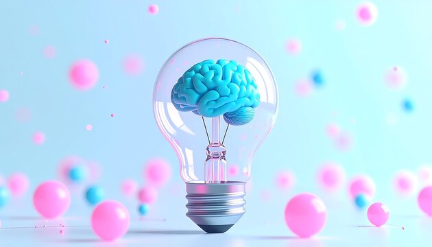 AI Brain Inside Light Bulb with Colorful Data Spheres
