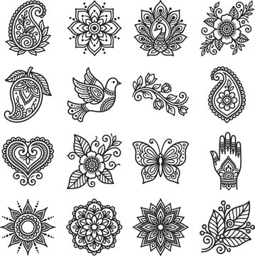 Collection of intricate hand drawn henna tattoo designs featuring floral patterns and traditional cultural motifs