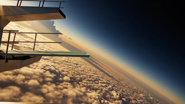 Diving board extending over a dense cloud layer at high altitude. Surrealistic sky landscape with horizon view. Concept of risk, challenge and future ambition