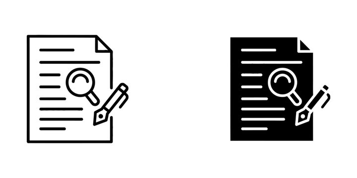 Document editing and search icons in line and solid designs with document