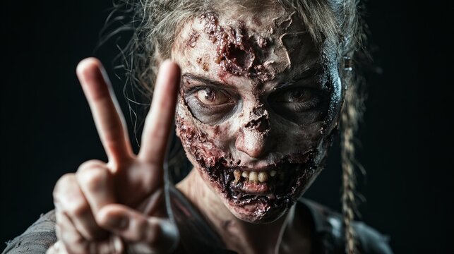 Close up of scary undead woman with decaying skin and bloody wounds showing victory sign against black background, creating a chilling halloween concept
