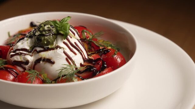 Appetizing Italian burrata cheese salad with cherry tomatoes, pesto, and balsamic vinegar, fa01